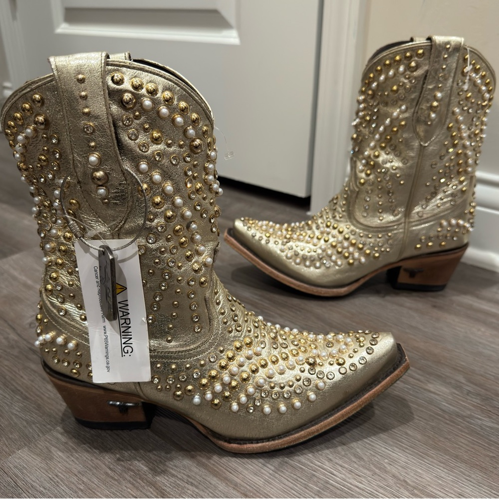Lane Dolly Pearl Stud Jeweled Cowboy Western Metallic Gold Leather Bootie Boots